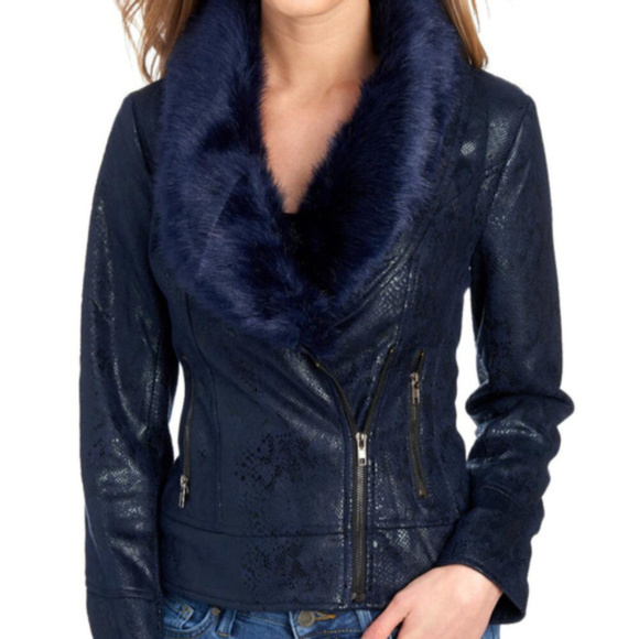 Jackets & Blazers - Navy Blue Vegan Snake Motor Jacket Fur Collar